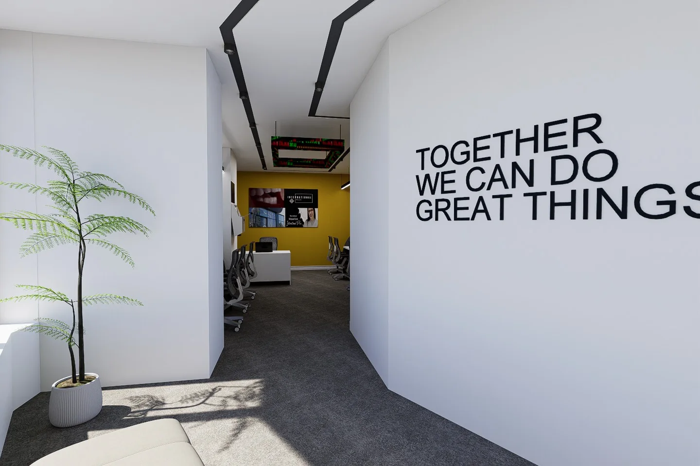 Call Center Office brand wall and workstations