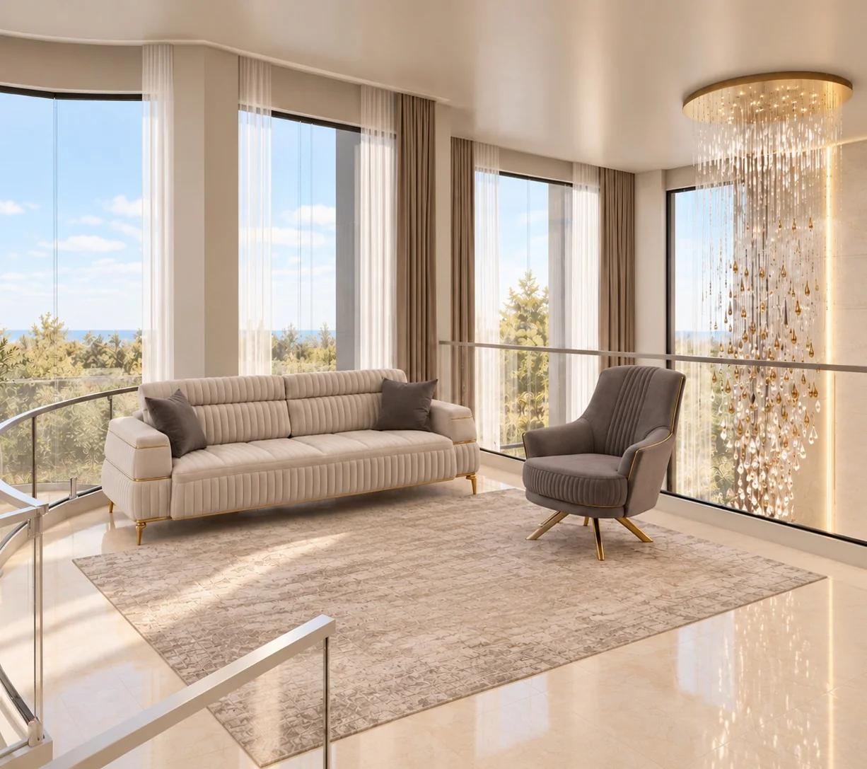 Upper lounge beside the curved staircase