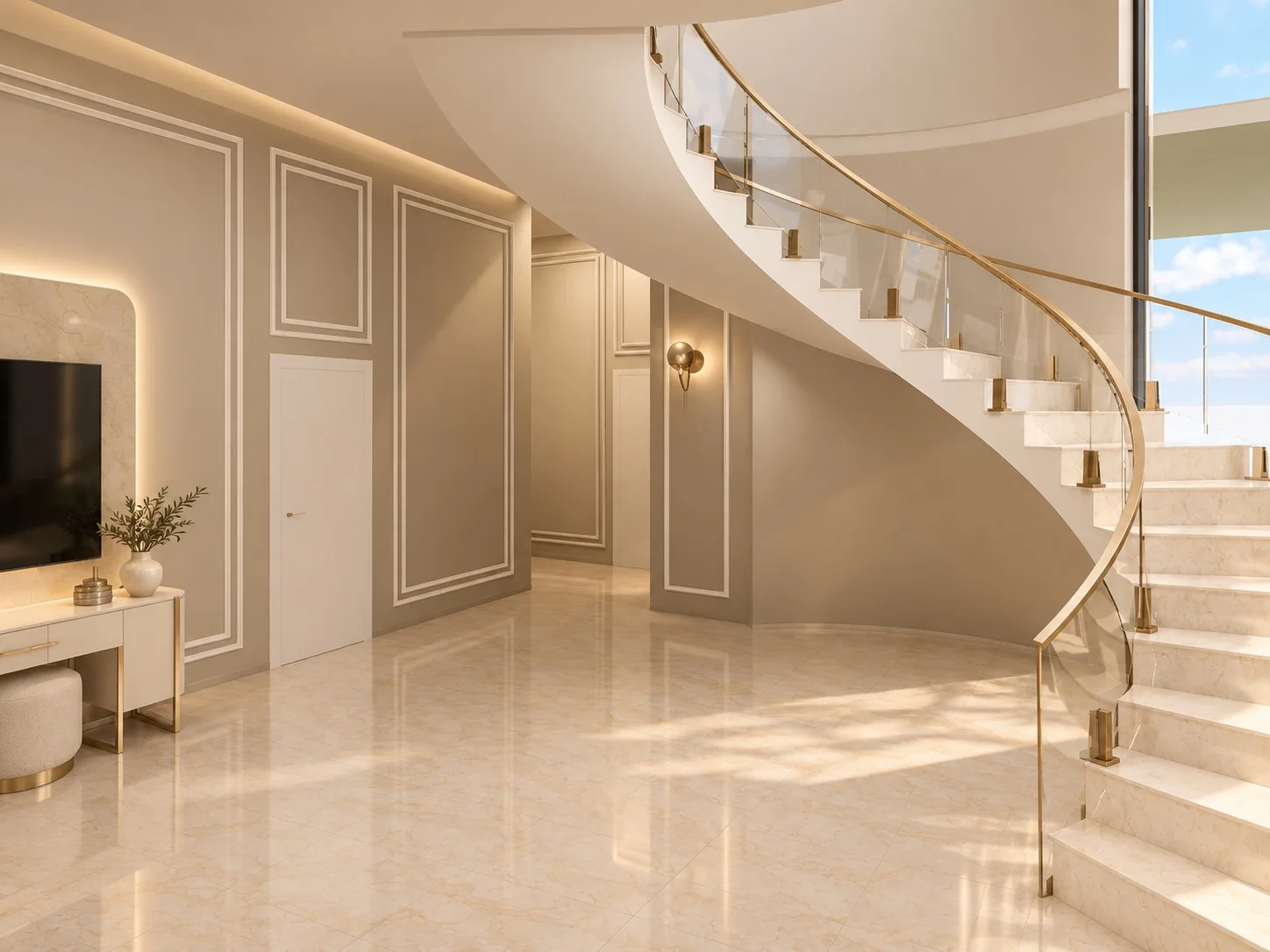 Residential Villa interior with a curved staircase