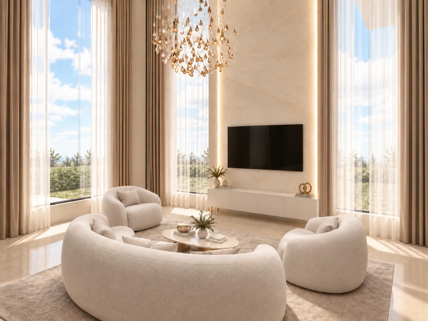 Double-height villa living room filled with daylight