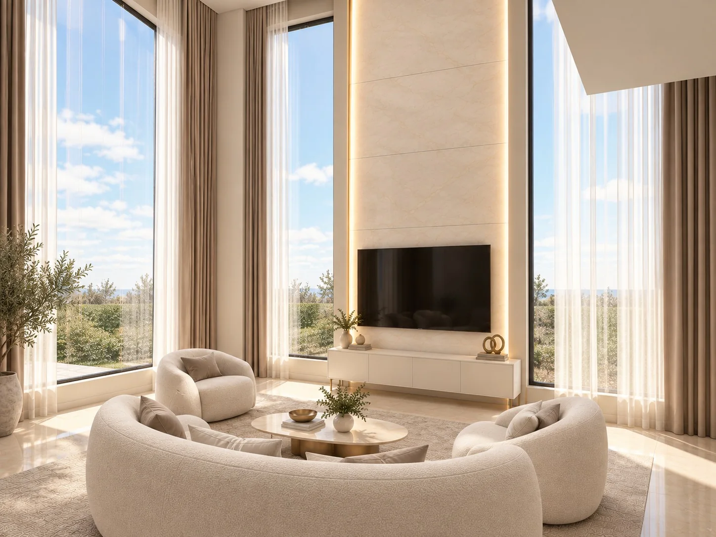 Villa living room material and lighting study